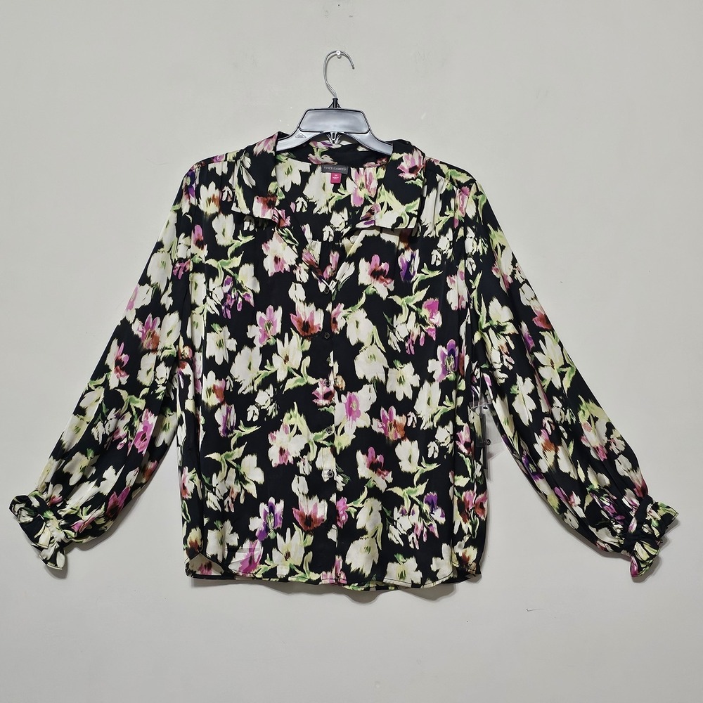 Vince Camuto Top Blouse Rich Black Pink Long Sleeves Front Button Collar New 734